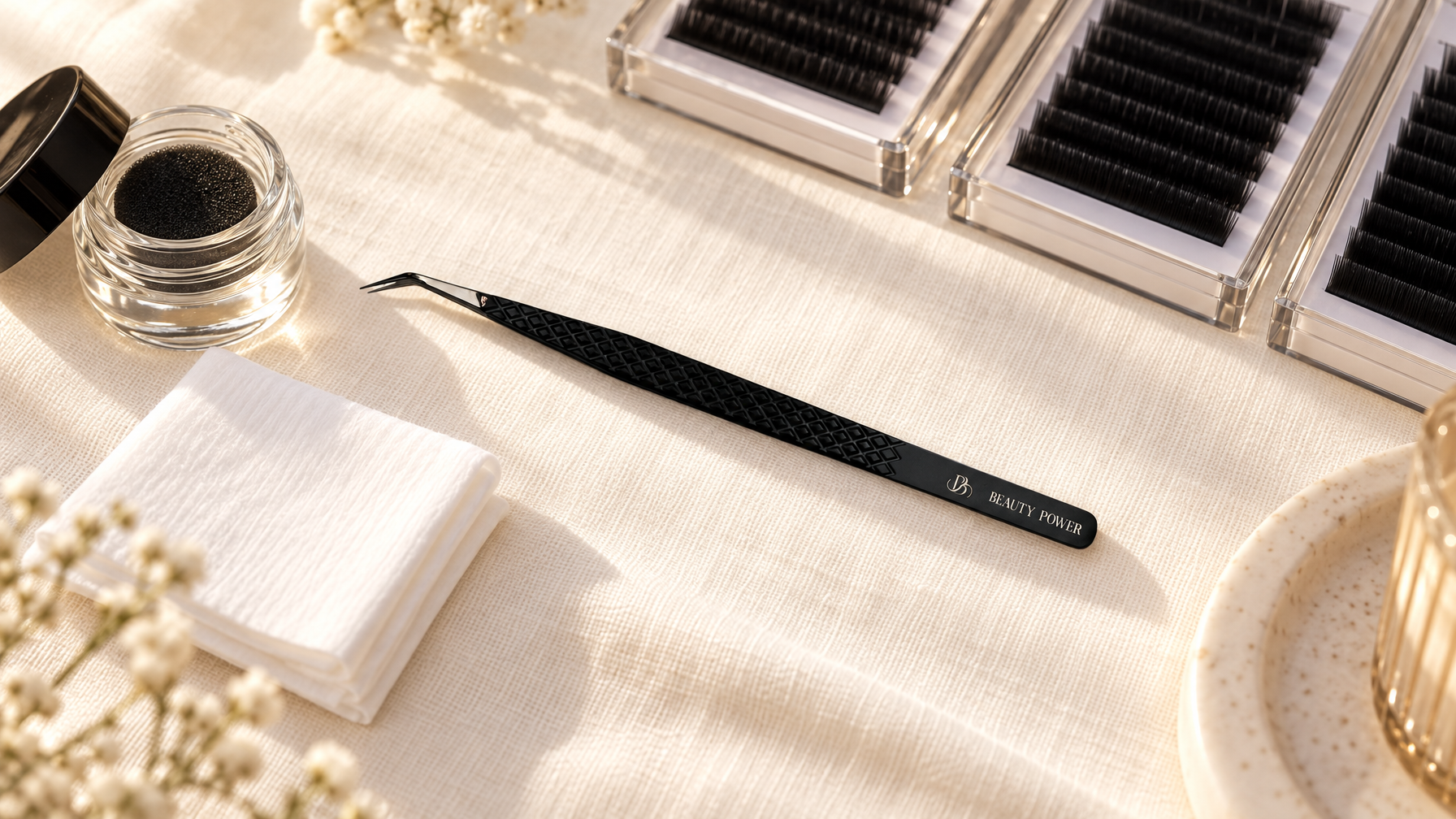 Beauty Power black lash extension tweezer on cream linen with lint-free wipe, cleaning jar and lash trays