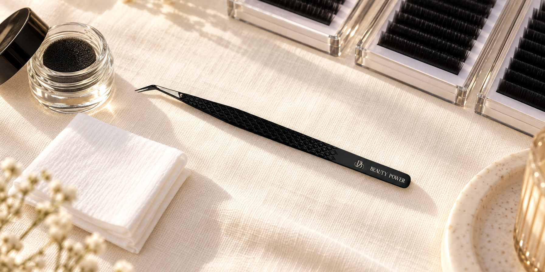 Beauty Power black lash extension tweezer on cream linen with lint-free wipe, cleaning jar and lash trays