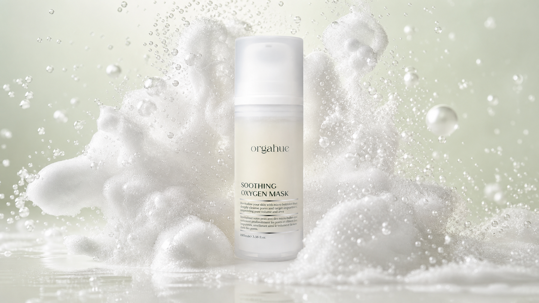 Orgahue Soothing Oxygen Bubble Face Mask with micro oxygen bubbles on mint sage background - Beauty Power Korean skincare guide