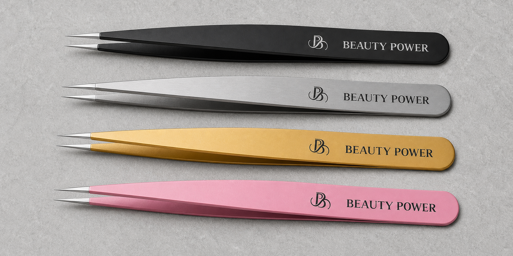 Beauty Power Ultra Precision Point Eyebrow Tweezers lineup in Black, Gray, Gold, and Pink on matte stone