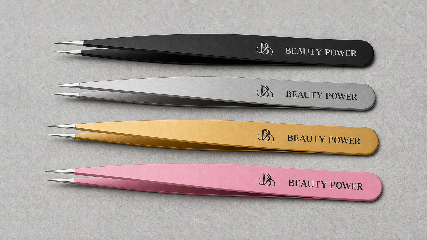 Beauty Power Ultra Precision Point Eyebrow Tweezers lineup in Black, Gray, Gold, and Pink on matte stone