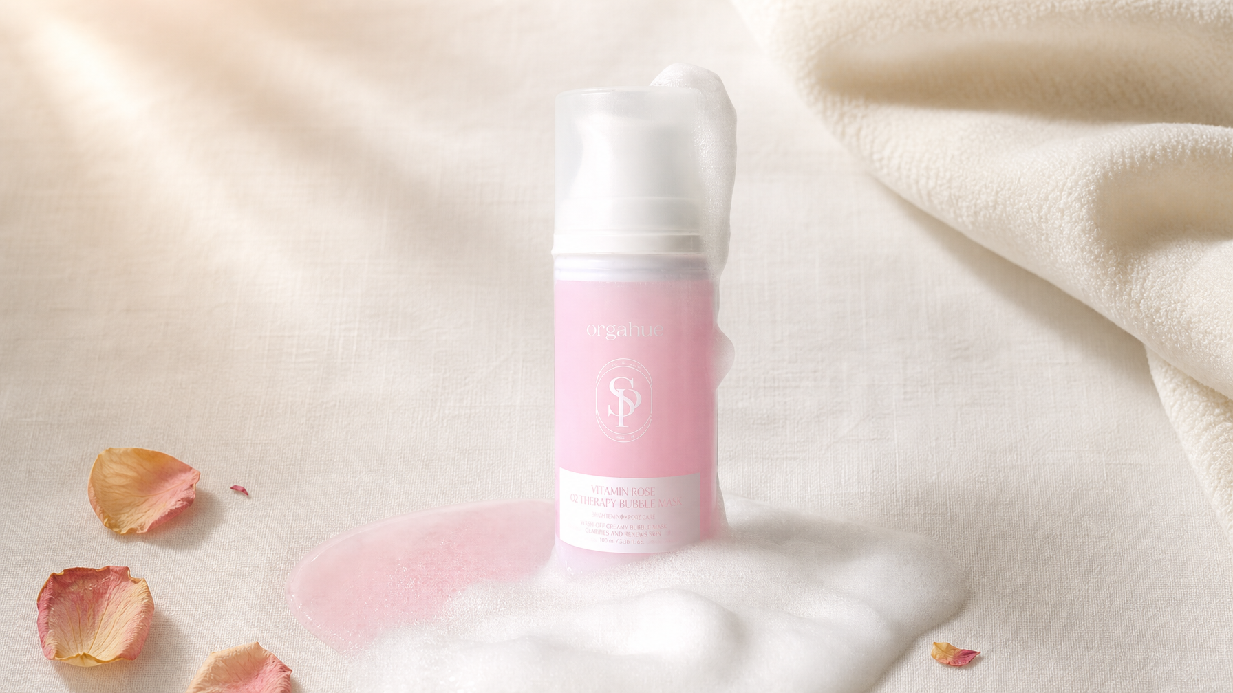 Orgahue Vitamin Rose O2 Therapy Bubble Mask on cream linen, Beauty Power editorial flat lay