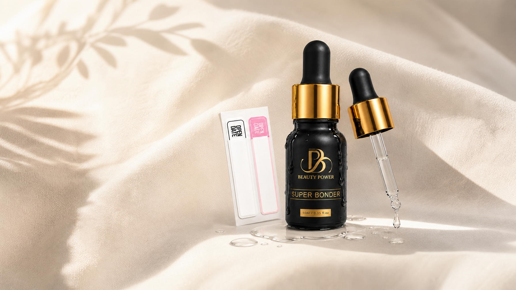 Beauty Power Lash Bonder Super Bonder bottle on cream linen flat lay