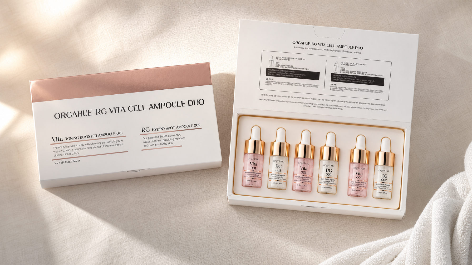 Orgahue RG Vita Cell EGF Ampoule Duo on cream linen, Beauty Power editorial flat lay