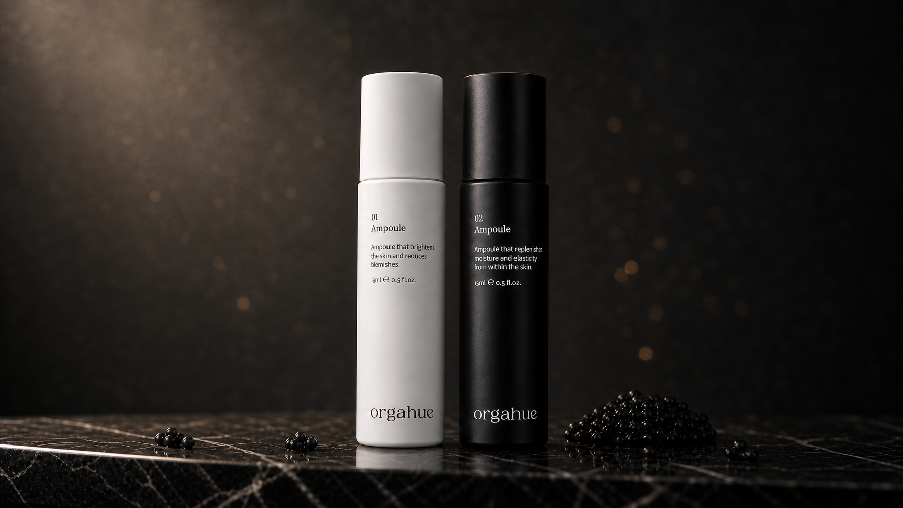 Orgahue Cavicell 65 Ampoule dual serum system - white bottle 01 and black bottle 02 with black caviar pearls - Beauty Power Korean anti-aging guide