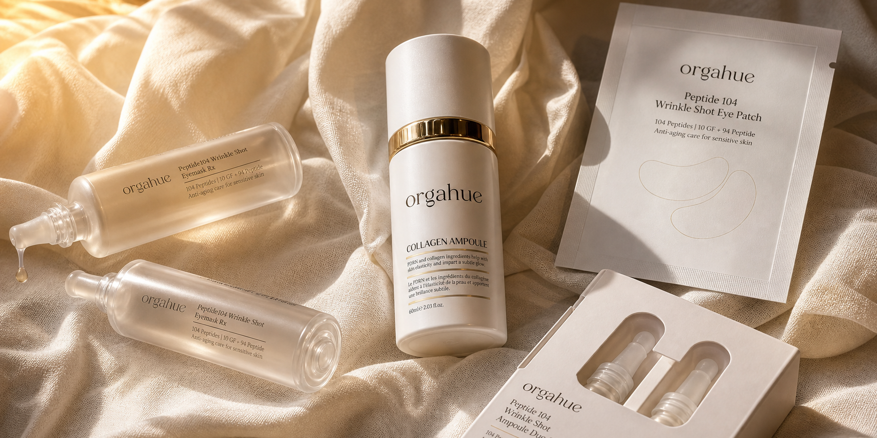 Beauty Power x Orgahue K-beauty partnership 2026. Skincare product flat lay