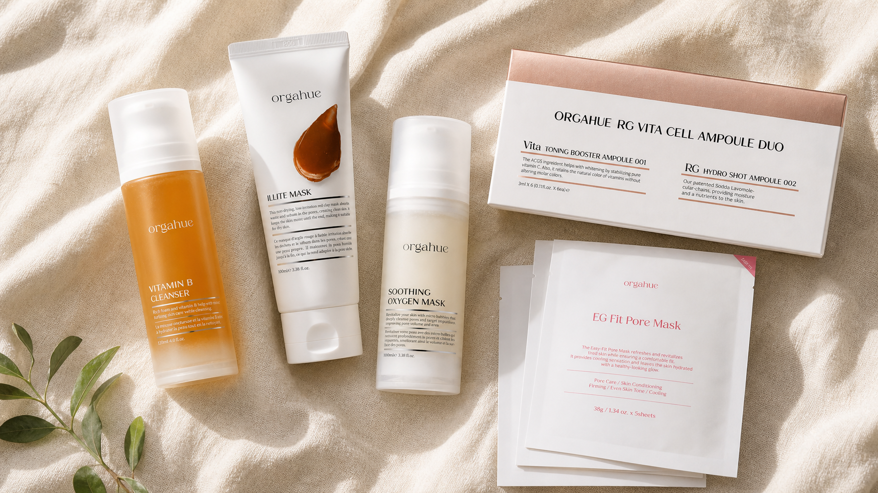 Beauty Power Orgahue Skin Detox home care routine flat lay on cream linen