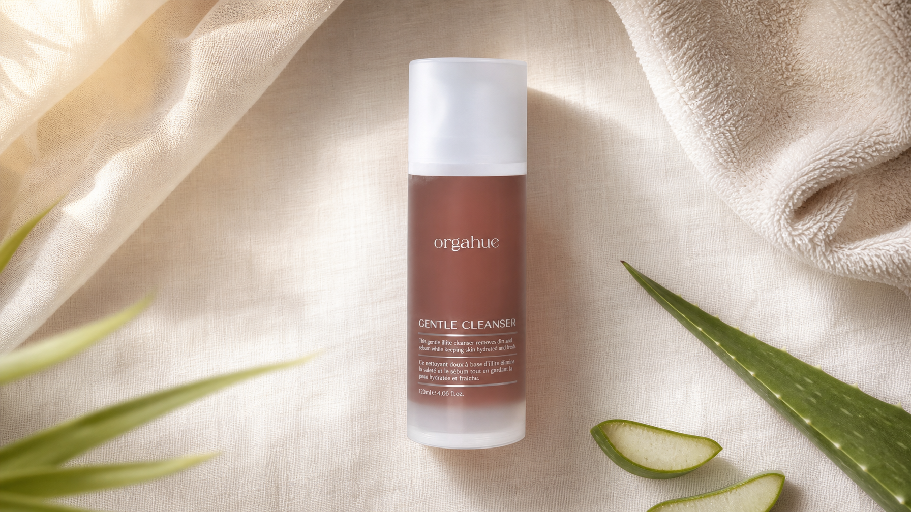 Orgahue Gentle Face Wash clay gel cleanser on cream linen, Beauty Power editorial flat lay