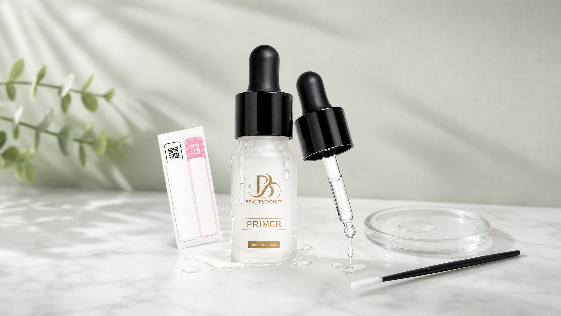 Beauty Power Lash Primer alcohol-free bottle on sage marble with prep dish and microbrush