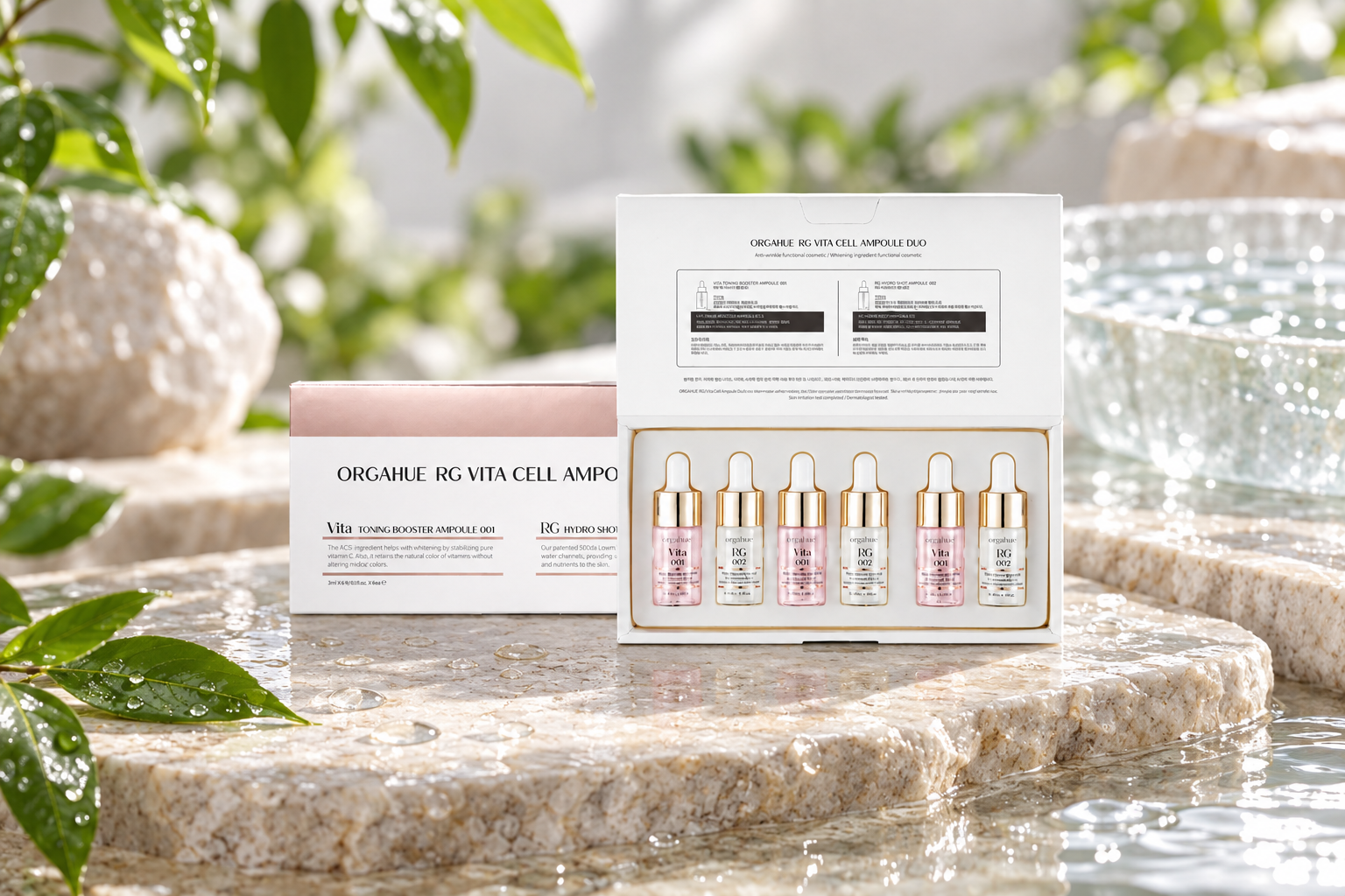 Orgahue RG Vita Cell EGF Ampoule Duo Set boxes with two ampoule bottles, double ampoule method for bright Korean skincare routine