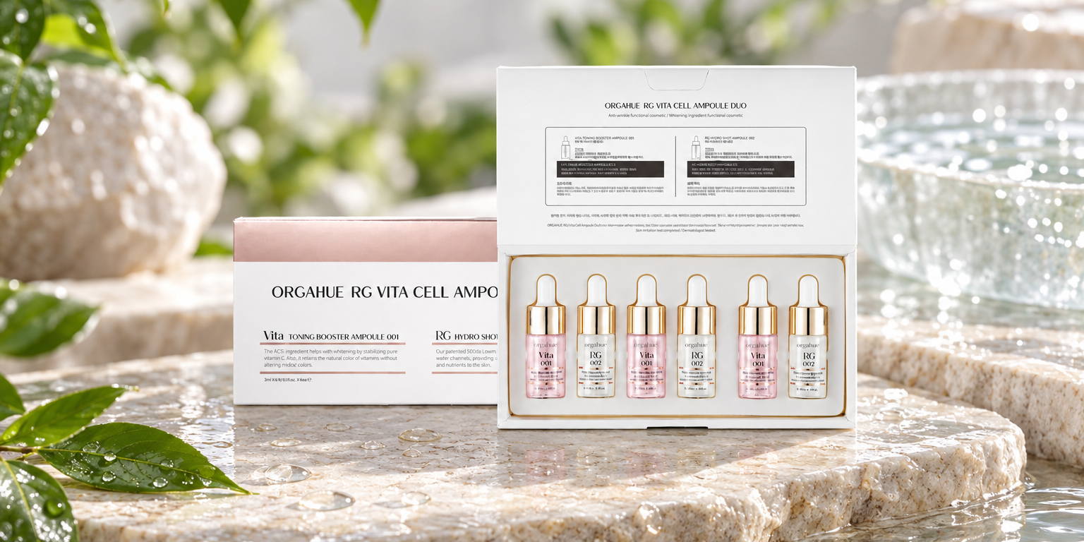 Orgahue RG Vita Cell EGF Ampoule Duo Set boxes with two ampoule bottles, double ampoule method for bright Korean skincare routine