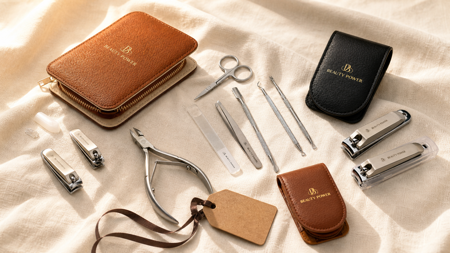 Beauty Power Father's Day grooming gift flat lay — 9-in-1 brown manicure set, black and brown nail clipper sets on cream linen