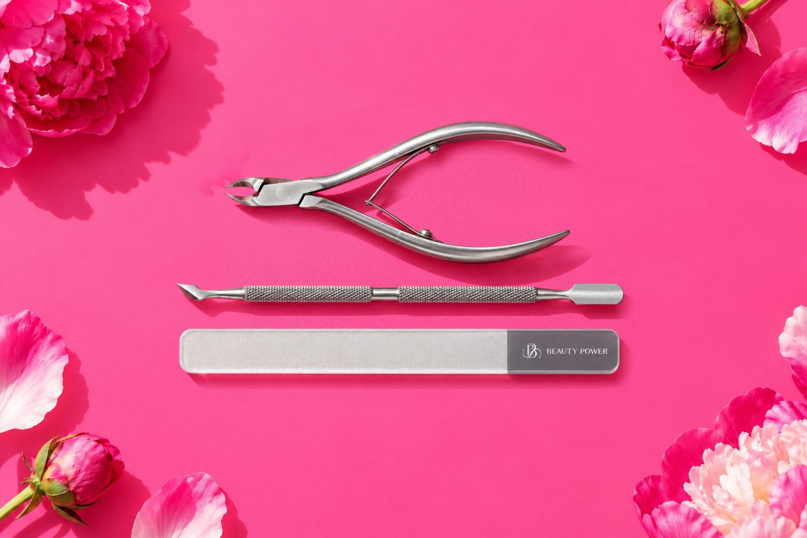 Beauty Power cuticle nippers, cuticle pusher and glass nail file on a hot pink backdrop with peonies