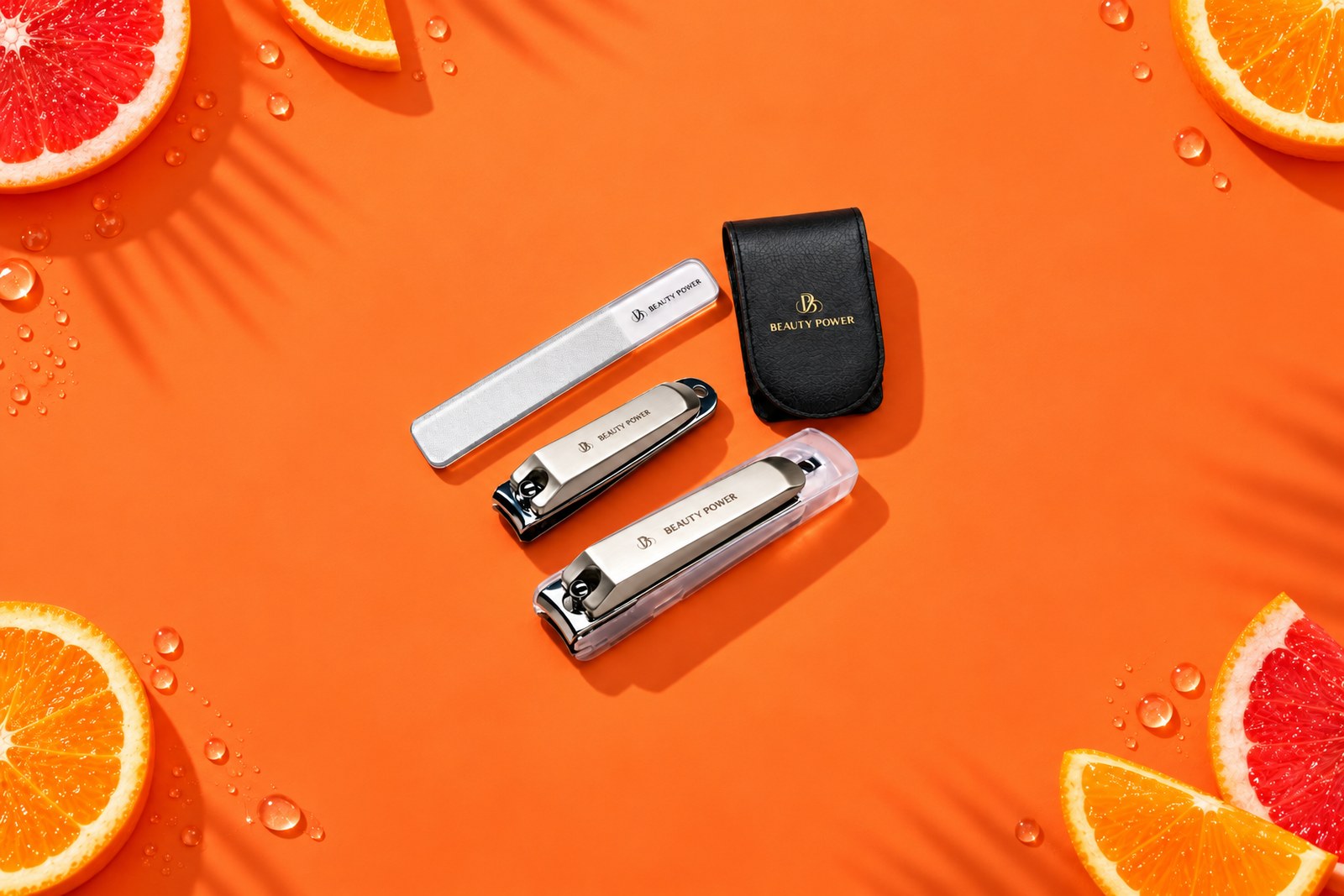 Beauty Power nail clipper set with fingernail and toenail clippers, glass nail file and black leather case on a bright orange backdrop with citrus slices