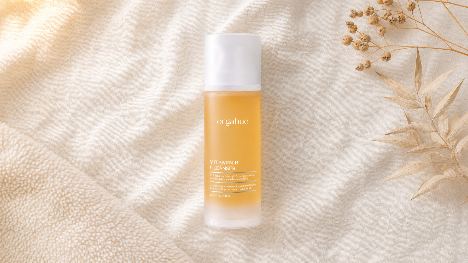 Orgahue Vitamin B Cleanser on cream linen, Beauty Power editorial flat lay