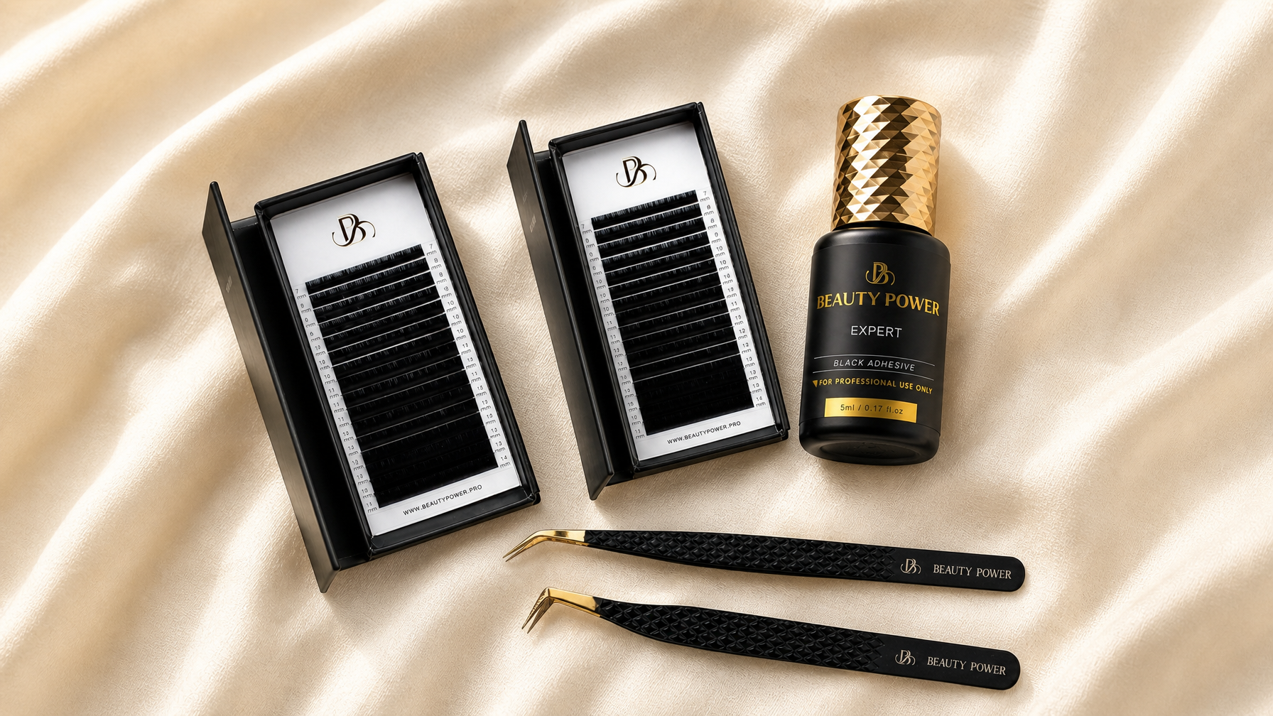 Classic vs volume lash extensions comparison - Beauty Power professional lash extension trays and tools flat lay
