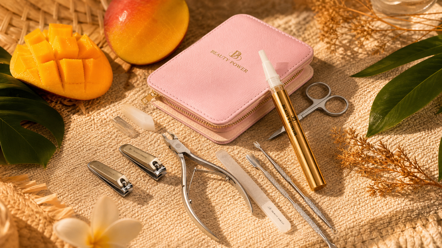 Beauty Power 9-in-1 manicure set with cuticle oil pen on warm sand surface — summer nail care routine 2026