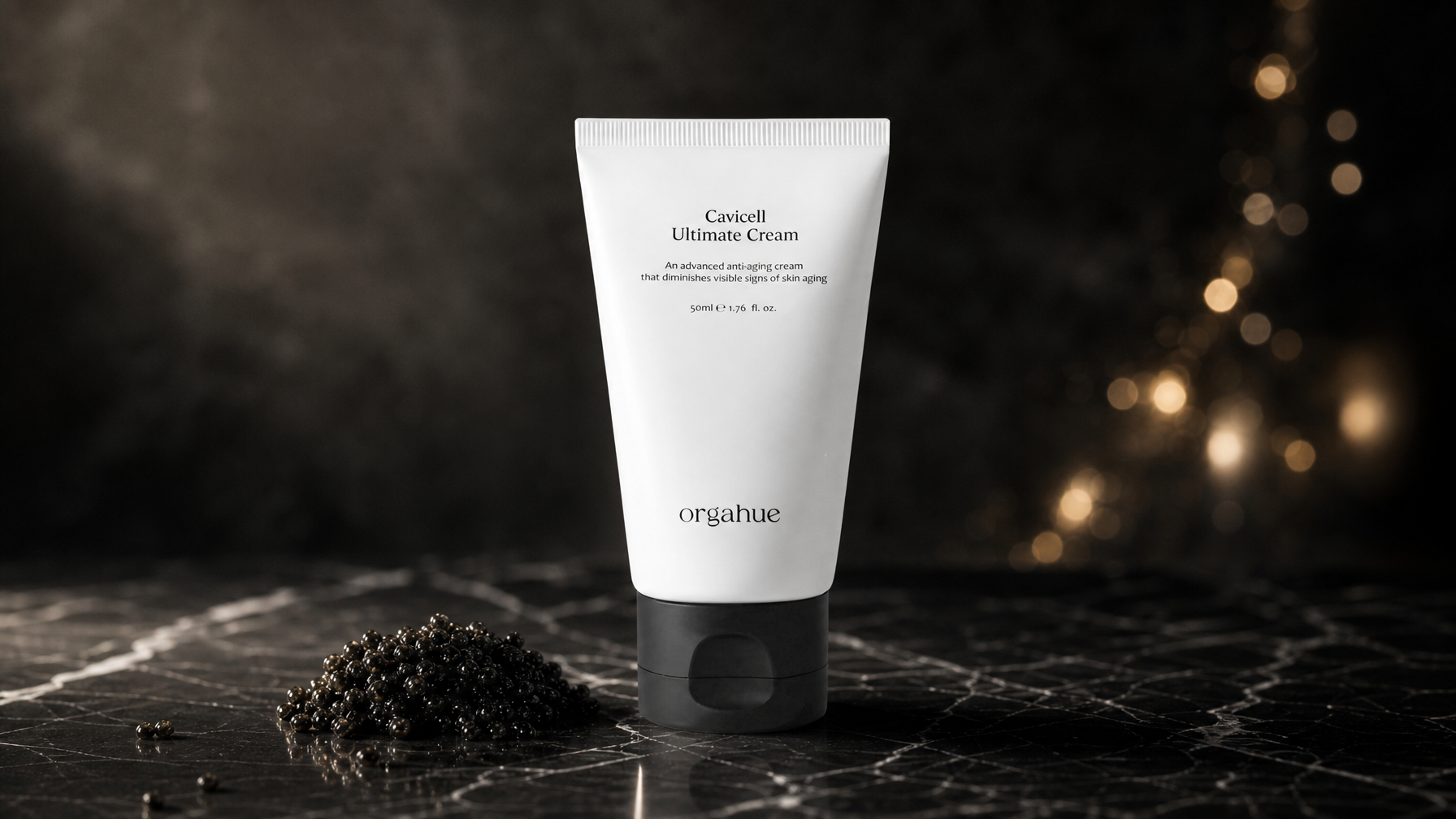 Orgahue Cavicell Ultimate Cream squeeze tube on black marble - Beauty Power Korean anti-aging guide