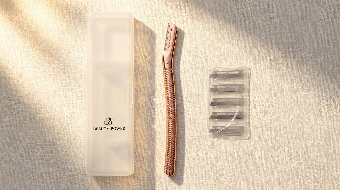Beauty Power rose gold eyebrow razor set with 6 blades and travel case on cream linen background