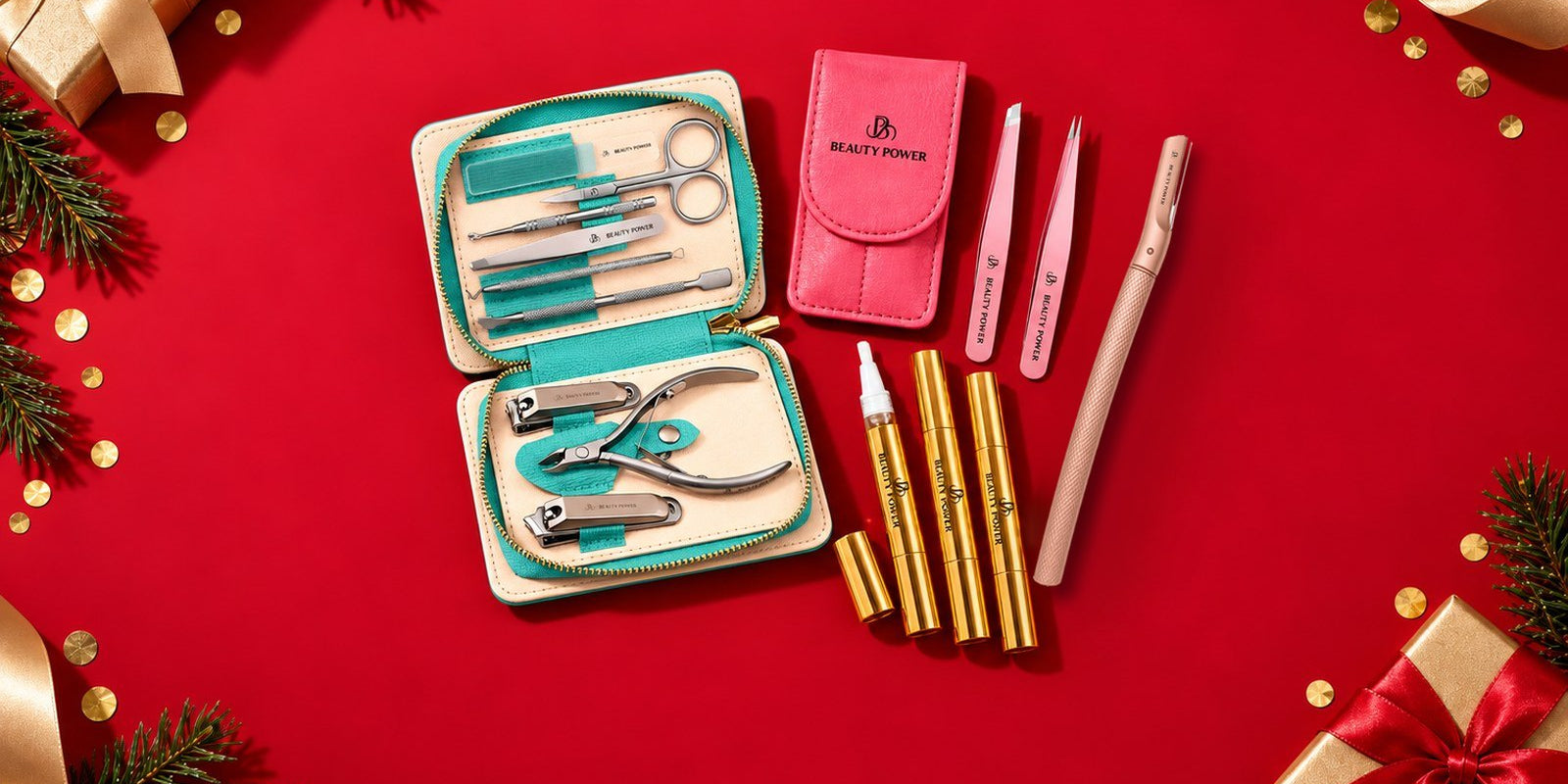 Beauty Power holiday gifts: rose gold eyebrow razor, pink slant and point tweezers set, cuticle oil pens and 9-in-1 manicure set on red background