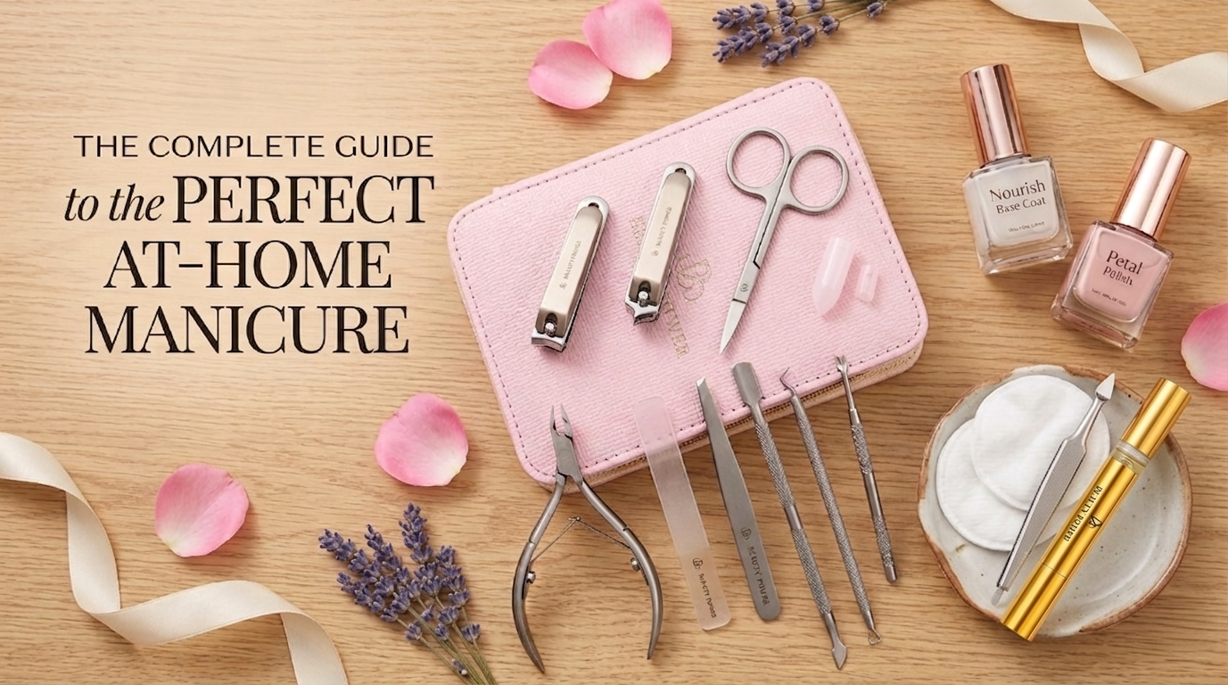 Professional manicure tools flat lay — nail clippers, cuticle pusher, nail file, and cuticle oil by Beauty Power