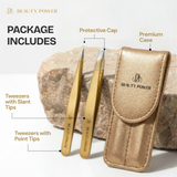 Beauty Power Ultra Precision Slant & Point Eyebrow Tweezers Set with Case - Gold