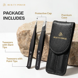 Professional Ultra Precision Tweezers Set – Slant & Point Eyebrow Tweezers with Black Travel Case