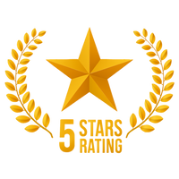 Gold star with '5 Stars Rating' text surrounded by a laurel wreath on a white background