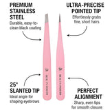 Professional Ultra Precision Tweezers Set – Slant & Point Eyebrow Tweezers with Pink Travel Case