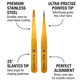 Professional Ultra Precision Tweezers Set – Slant & Point Eyebrow Tweezers with Gold Travel Case