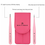 Professional Ultra Precision Tweezers Set – Slant & Point Eyebrow Tweezers with Pink Travel Case