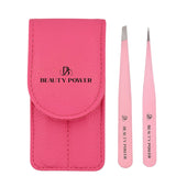 Professional Ultra Precision Tweezers Set – Slant & Point Eyebrow Tweezers with Pink Travel Case