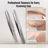 Professional Ultra Precision Tweezers Set – Slant & Point Eyebrow Tweezers with Silver Travel Case