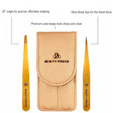 Professional Ultra Precision Tweezers Set – Slant & Point Eyebrow Tweezers with Gold Travel Case
