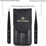 Professional Ultra Precision Tweezers Set – Slant & Point Eyebrow Tweezers with Black Travel Case