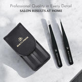 Professional Ultra Precision Tweezers Set – Slant & Point Eyebrow Tweezers with Black Travel Case