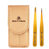 Professional Ultra Precision Tweezers Set – Slant & Point Eyebrow Tweezers with Gold Travel Case