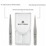 Professional Ultra Precision Tweezers Set – Slant & Point Eyebrow Tweezers with Silver Travel Case