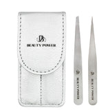 Professional Ultra Precision Tweezers Set – Slant & Point Eyebrow Tweezers with Silver Travel Case