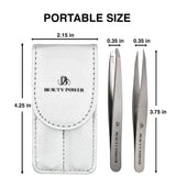 Professional Ultra Precision Tweezers Set – Slant & Point Eyebrow Tweezers with Silver Travel Case