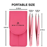 Professional Ultra Precision Tweezers Set – Slant & Point Eyebrow Tweezers with Pink Travel Case