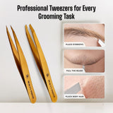 Professional Ultra Precision Tweezers Set – Slant & Point Eyebrow Tweezers with Gold Travel Case