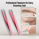 Professional Ultra Precision Tweezers Set – Slant & Point Eyebrow Tweezers with Pink Travel Case