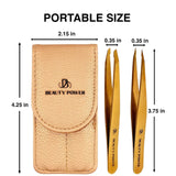 Professional Ultra Precision Tweezers Set – Slant & Point Eyebrow Tweezers with Gold Travel Case
