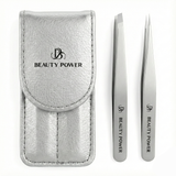 Beauty Power Ultra Precision Slant & Point Eyebrow Tweezers Set with Case - Gray