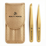 Beauty Power Ultra Precision Slant & Point Eyebrow Tweezers Set with Case - Gold