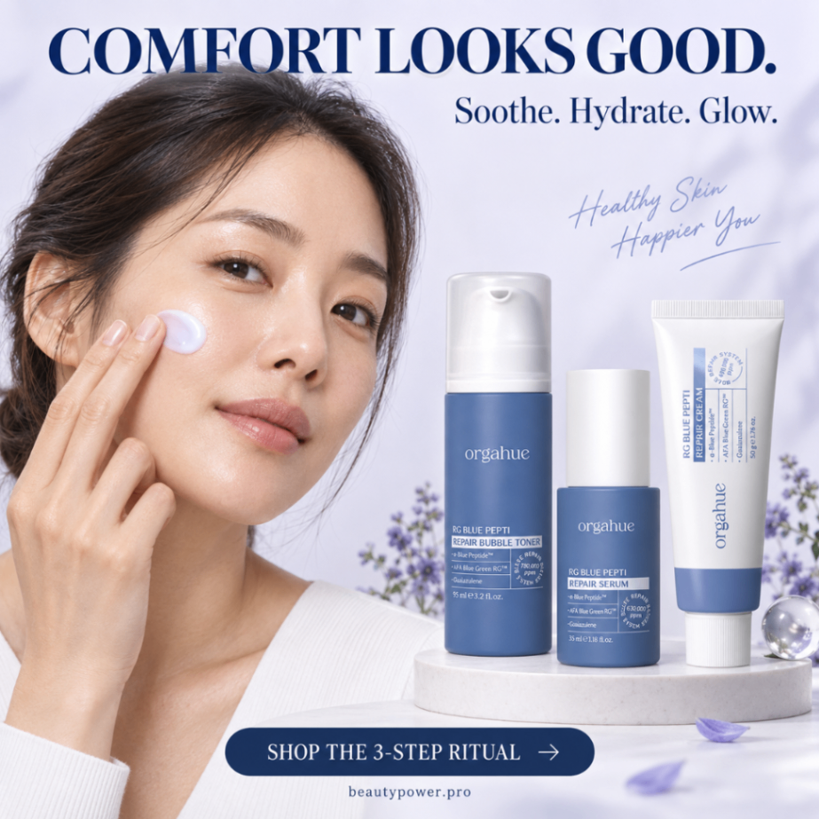 Orgahue Blue Pepti model comfort looks good applying cream
