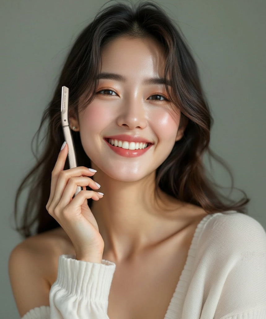 Woman holding a hairbrush with a neutral background