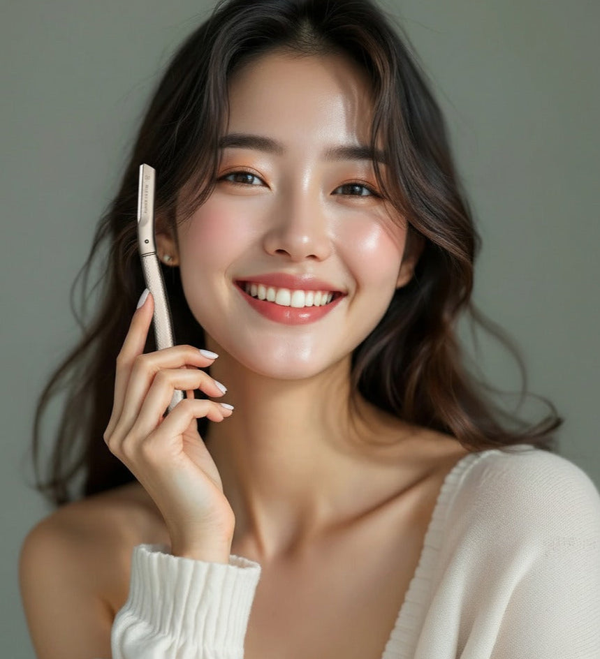 Woman holding a hairbrush with a neutral background