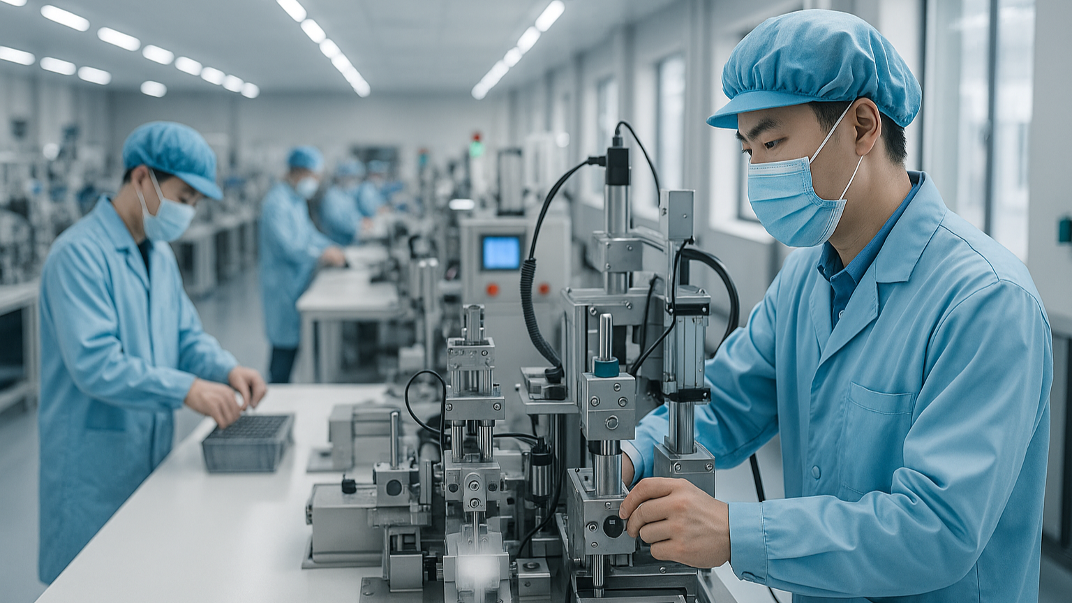 Workers in a cleanroom manufacturing environment with machinery and protective gear.